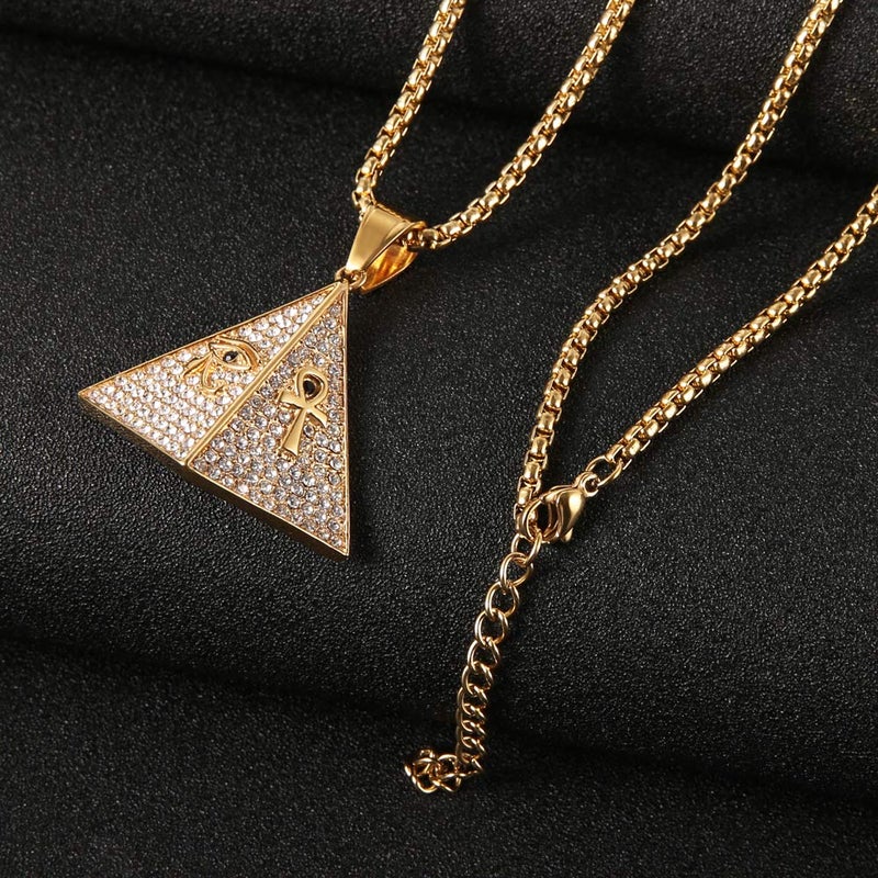 AsAlways 18K Gold Plated Pyramid Necklace for Men Stainless Steel Cubic Zirconia Coptic Ankh Cross Eye of Horus Ancient Egypt Pendant Necklace - Image 4
